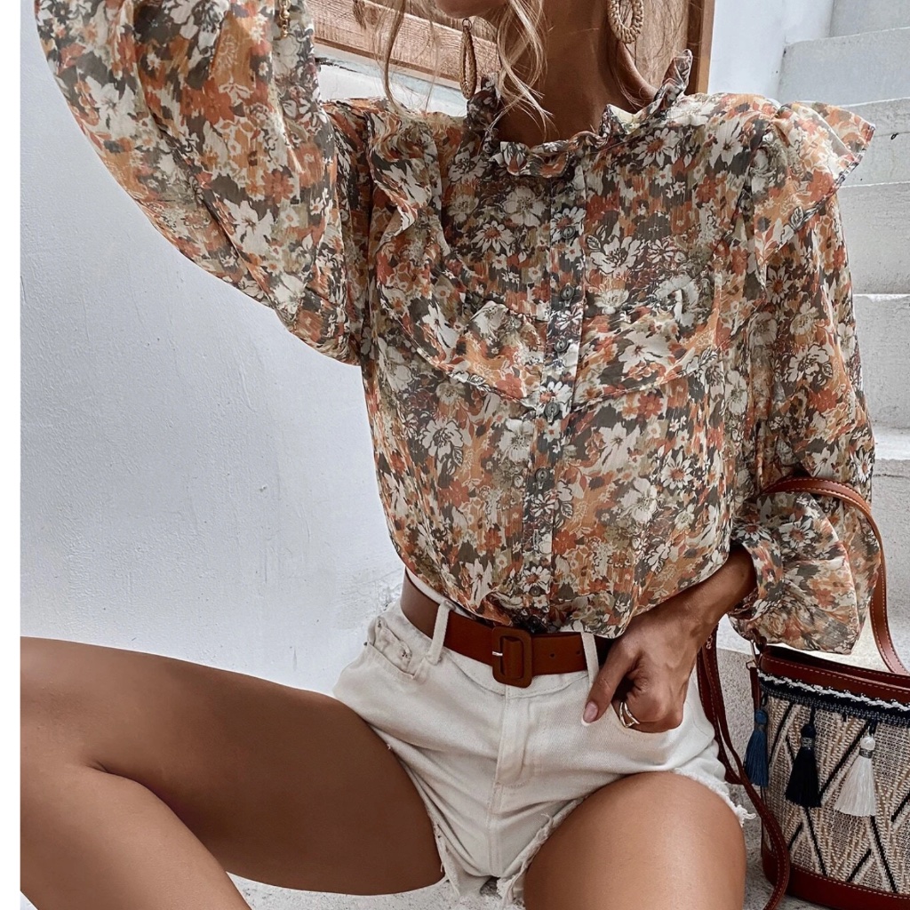 Boho Floral Print Button Down Loose Fit Long Sleeve Blouse